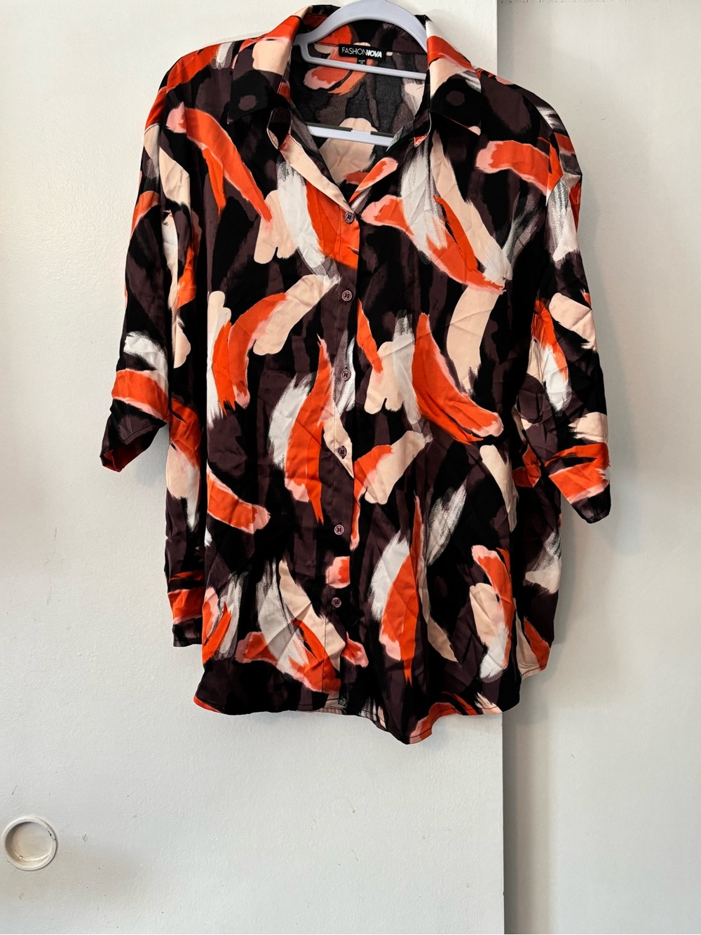 Fashion Nova Black, Orange & Cream Abstract Brushstroke Button-Down Shirt